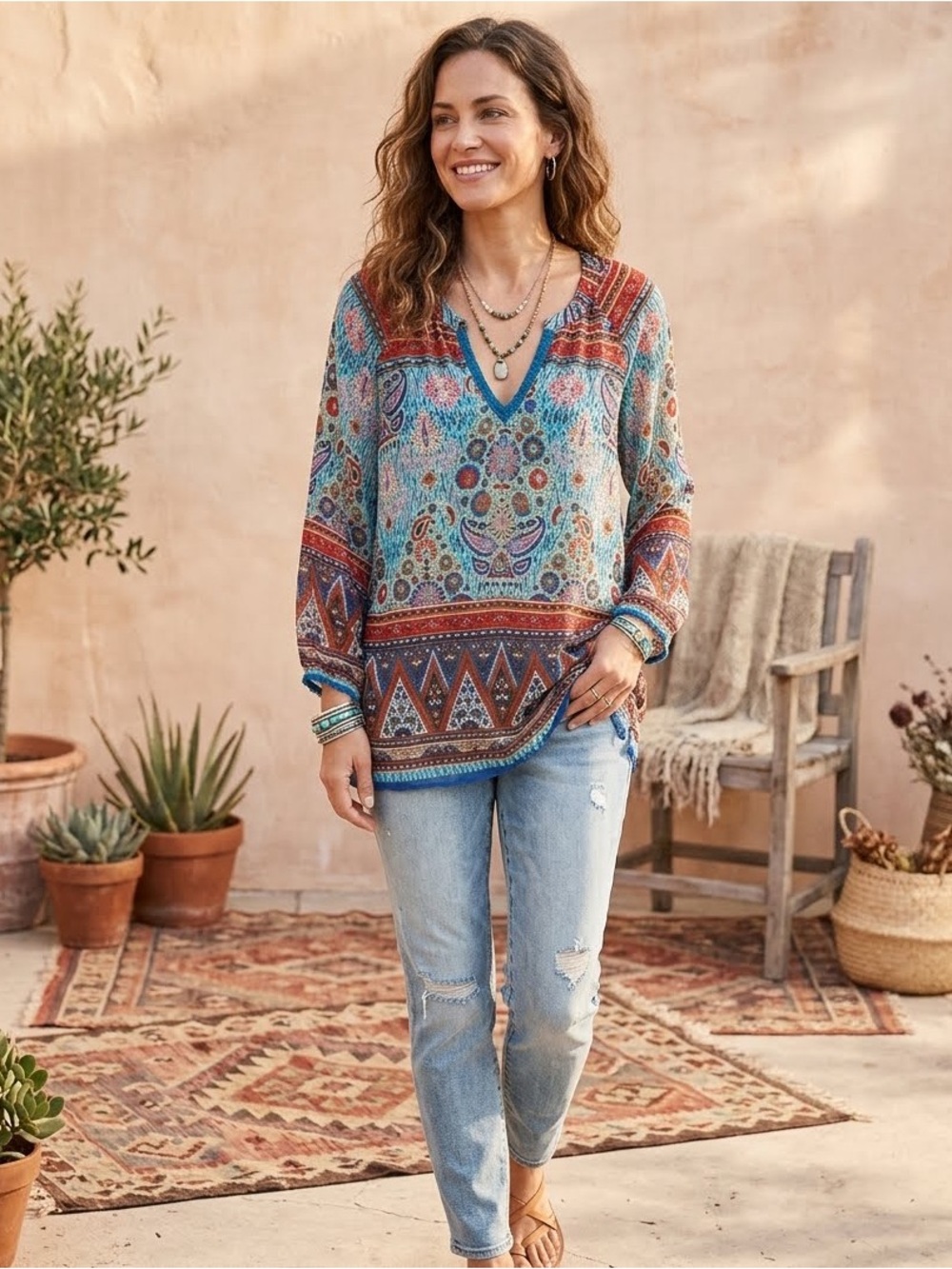 Soft Surroundings Boho Vibrant Paisley Beaded Sequins Tunic Top High Low Hem